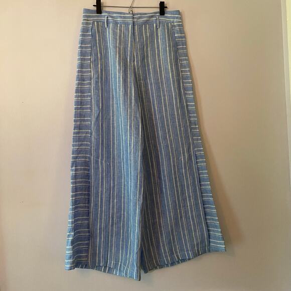 Anthropologie ett:twa Women 8 Blue White Striped 100% Linen Wide Leg Flowy Pants - Picture 1 of 12